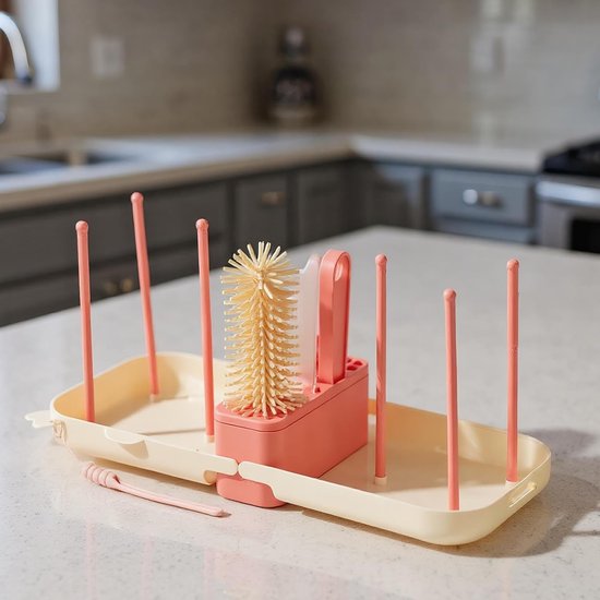 Reisfles Reinigingsset - Draagbare Borstelset - Flessen Hygiënisch Houden - Opvouwbaar Droogrek - 5.7 x 13.9 cm - Roze — afbeelding 5