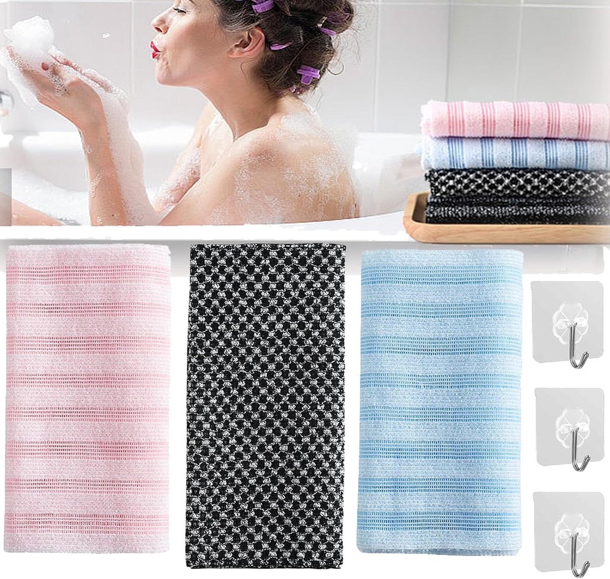 Douche Handdoek - Scrubdoek Rug - Huid Peelen - Dubbele Textuur - 3 Stuks - Mix Kleuren