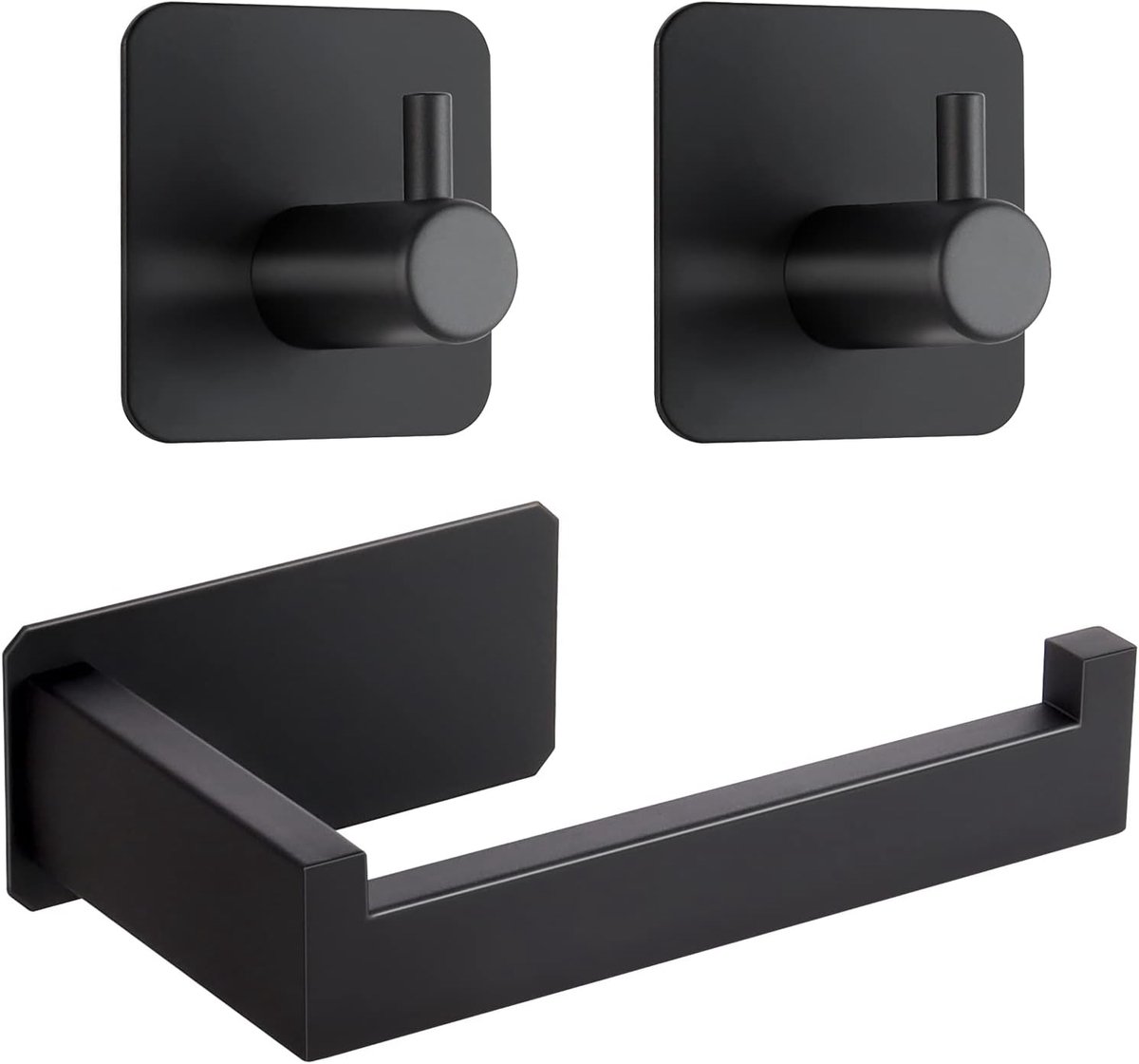 Toiletpapierhouder Set - Zelfklevende WC Houder Roestvrij Staal - 1 Houder en 2 Haken - Geen Boren Nodig met Opbergplank - Voor Badkamer en Keuken - Mat Zwart