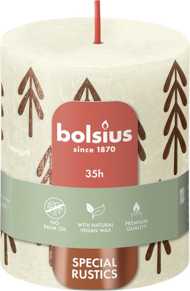 Bolsius - Rustieke kaars - Ivoor met dennenprint - 8 x 6,8 cm - Verpakking van 4 - Lengte brandtijd 35 uur - Natuurlijke plantaardige was - Zonder palmolie