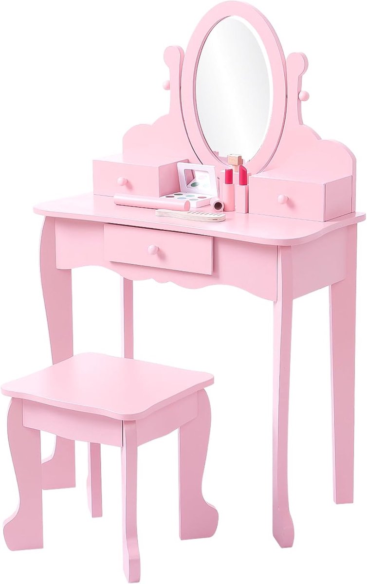 Kinderkaptafel voor Meisjes met Spiegel en Krukje - Prinses Make-up Tafel - 2-in-1 Bureau