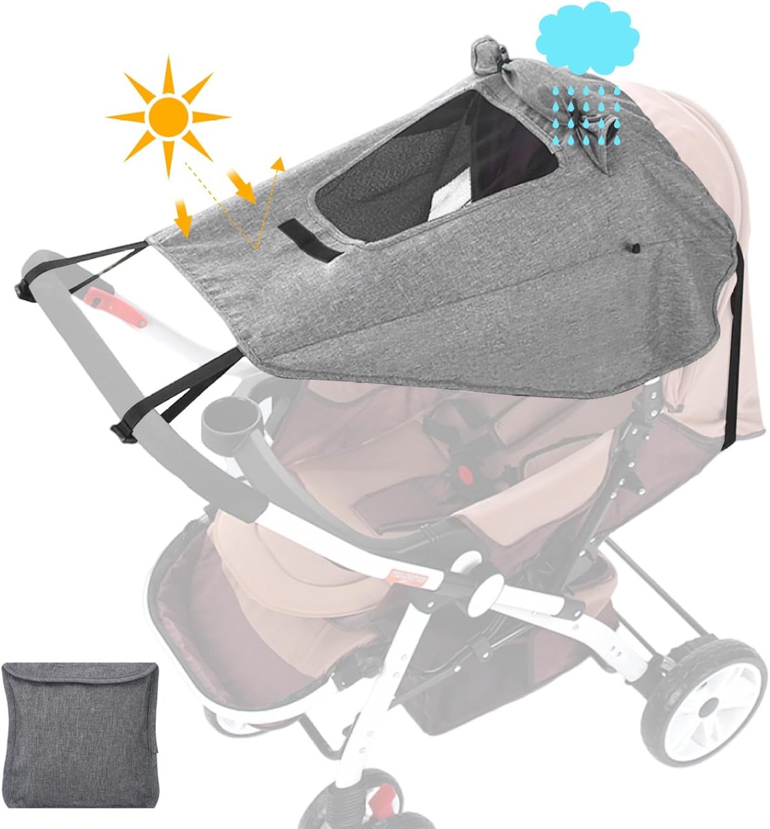 Kinderwagen zonnescherm met kijkvenster en winddichte pasvorm - lichtgrijs