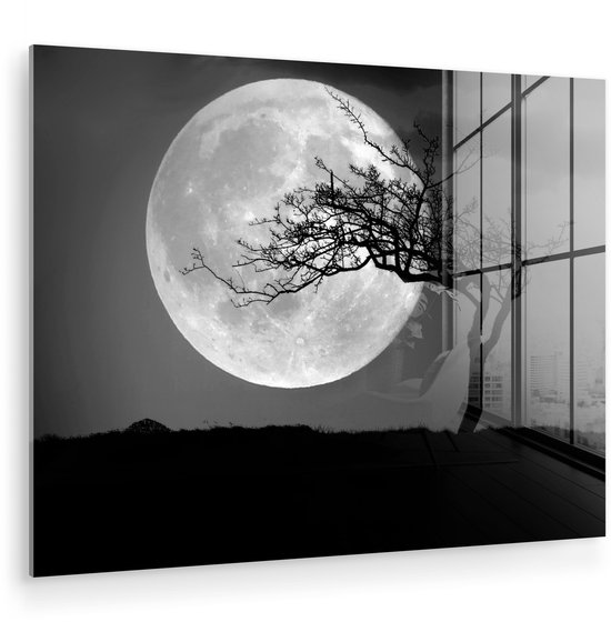 Décoration murale en verre noir et blanc avec une pleine lune et un arbre, suspendue au mur.