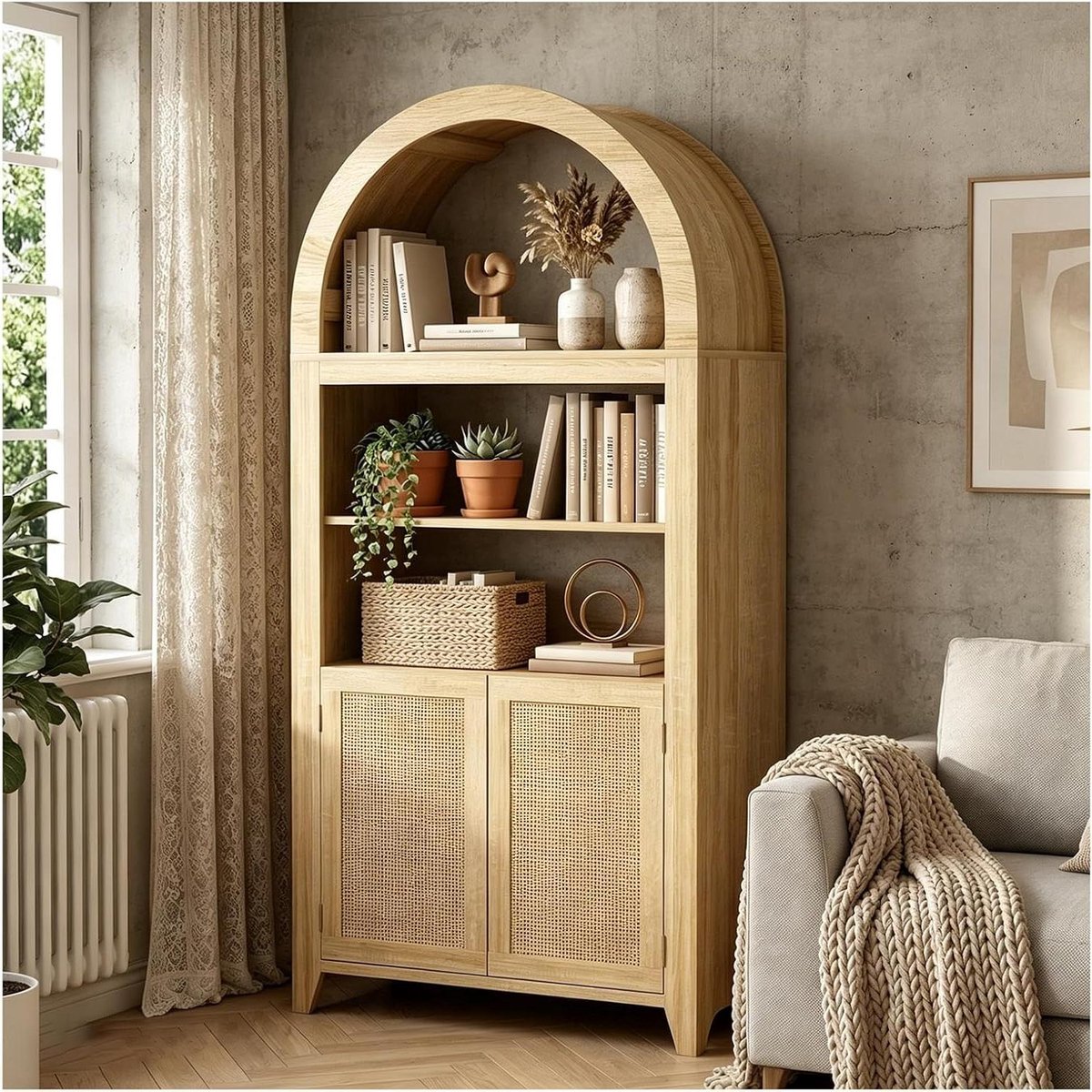 Hoge Opbergkast - Boekenplank met Deuren - Woonkamer Decoratie - Gebogen Rotan Design - 3