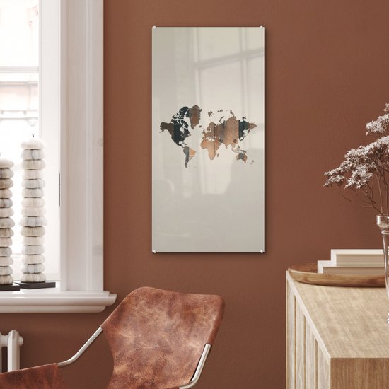 Peinture sur Verre - Carte du Wereldkaart - Bois - Planche - 40x80 cm - Peintures sur Verre Peintures - Photo sur Glas