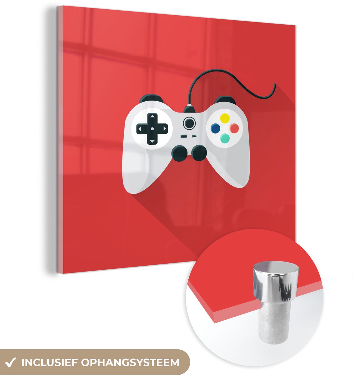 ® Glasschilderij 90x90 cm - Schilderij acrylglas - Controller - Gamen - Rood - Foto op glas - Muurdecoratie woonkamer - Wanddecoratie slaapkamer - Schilderijen