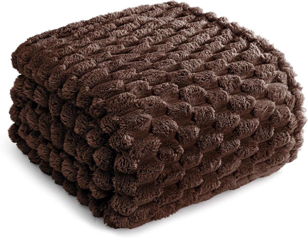 Knuffeldeken Jacquard - Wollige plaid - Gezelligheid thuis - Vergroot 3D patroon - 220 x 240 cm - Koffiebruin