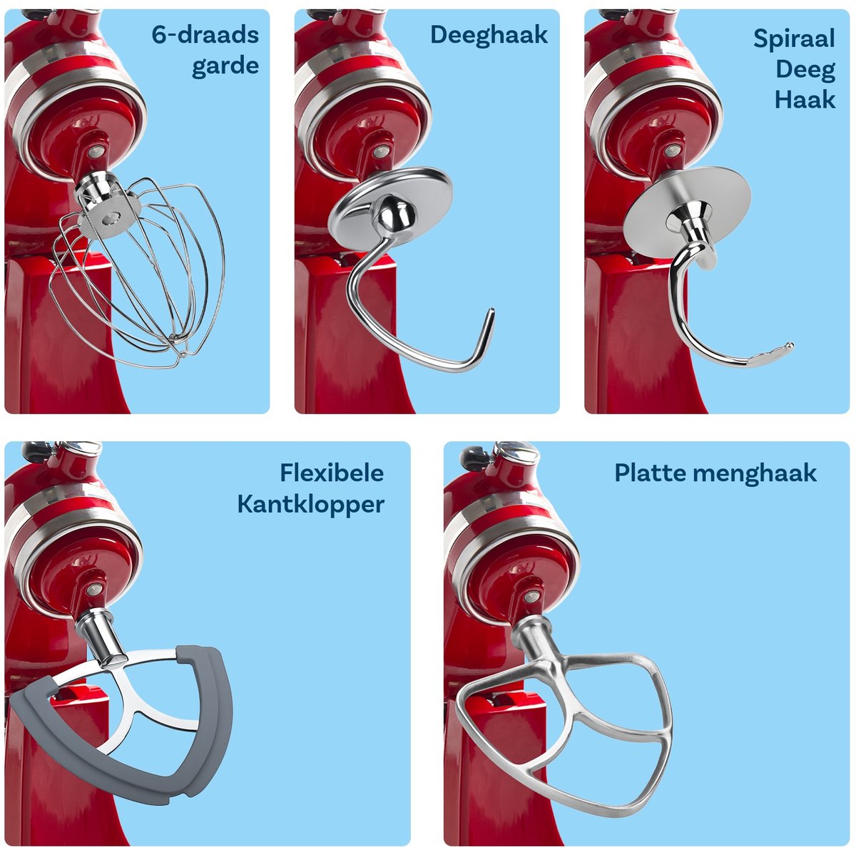 5-Delige Accessoireset voor KitchenAid 4.3, 4.7/4.8L Tilt-Head Stand Mixers Artisan & Classic Series van MMOBIEL - K45 6-Draads Garde, Platte Mixer, Flex Edge Klopper, Spiralen Deeghaak & Deeghaak - RVS thumbnail 5