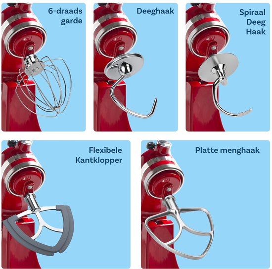 MMOBIEL 5-Delige Accessoireset voor KitchenAid 4,5-5 Quart Tilt-Head Stand Mixers Artisan & Classic Series - K45 6-Draads Garde, Platte Mixer, Flex Edge Klopper, Spiralen Deeghaak & Deeghaak - RVS van MMOBIEL — afbeelding 2