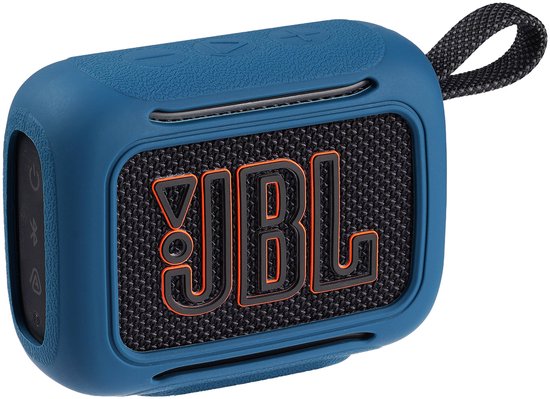 Blauwe JBL Go 5 speakerhoes met oranje JBL logo. Stoer en beschermend.