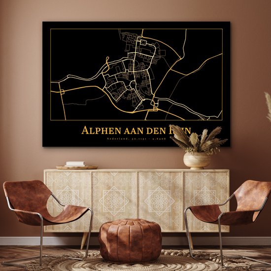 Décoration murale Métal - Aluminium - Carte - Alphen aan den Rijn - Zwart - Or - 150x100 cm
