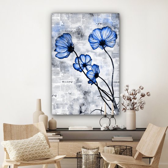 Toile Peinture Fleurs - Journal - Blauw - 80x120 cm - Décoration murale