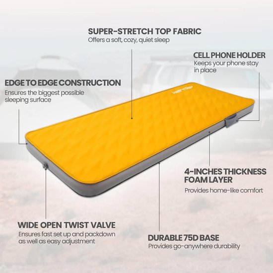 HEYTRIP 4 inch dikke zelfopblazende slaapmat voor kamperen met 9,5 R-waarde, ultra comfort campingschuimmatras met pompzak, draagbare campingmat voor 4 seizoenen (78 x 30 x 4 inch) — afbeelding 4