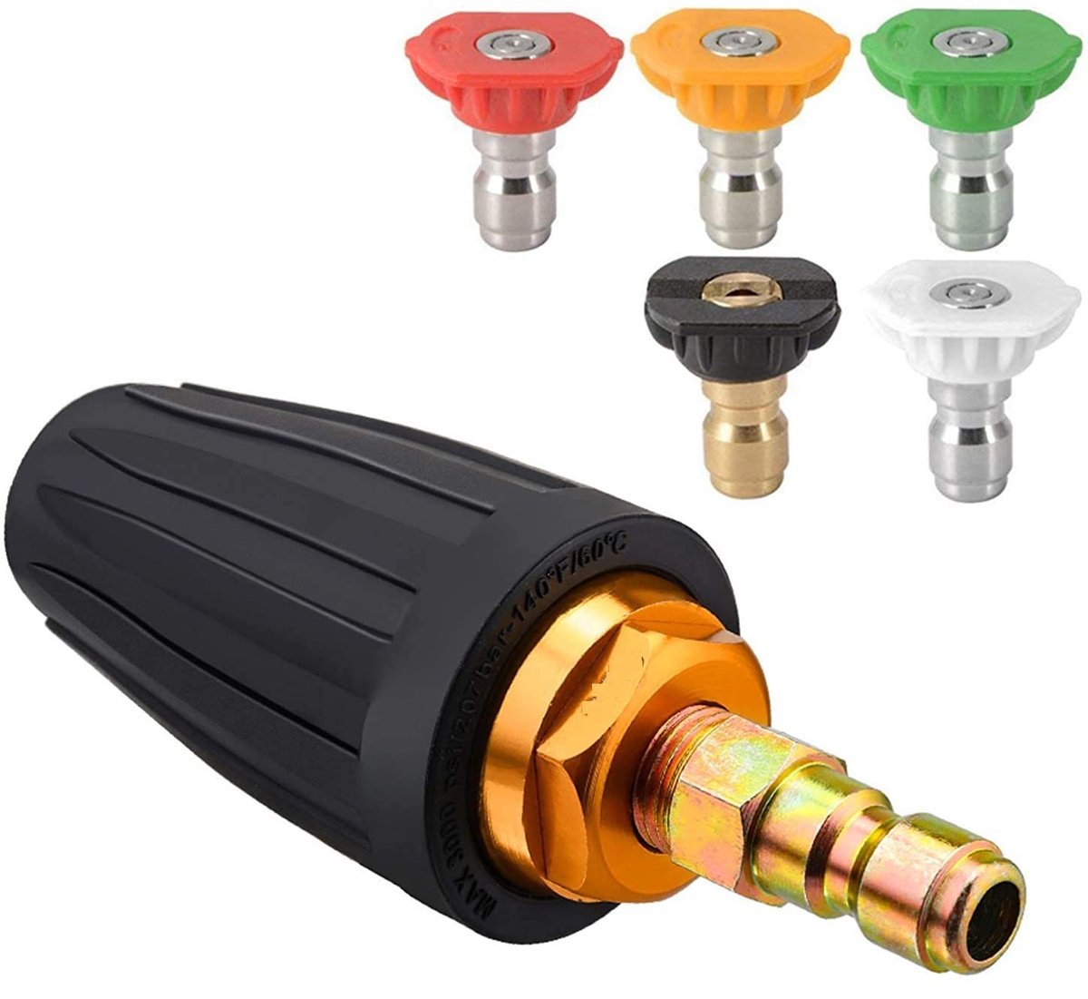 aladdien - Hoge Druk Spuitmond - Turbo Nozzle - Geschikt voor Krachtige Reiniging - 1/4 Inch Aansluiting - Rotating Spray - Met 5 Tips - Ideaal voor...
