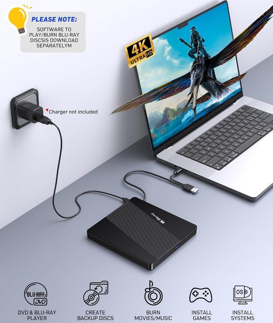 Externe Blu Ray Drive - 4K UHD Speler - Films Kijken - 6-in-1 Poorten Hub - 14.5 x 13.7 cm — afbeelding 5