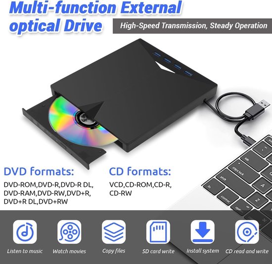 Externe Blu-ray speler - Optisch station - Films kijken - 7-in-1 functionaliteit - Slank en draagbaar - Zwart — afbeelding 4