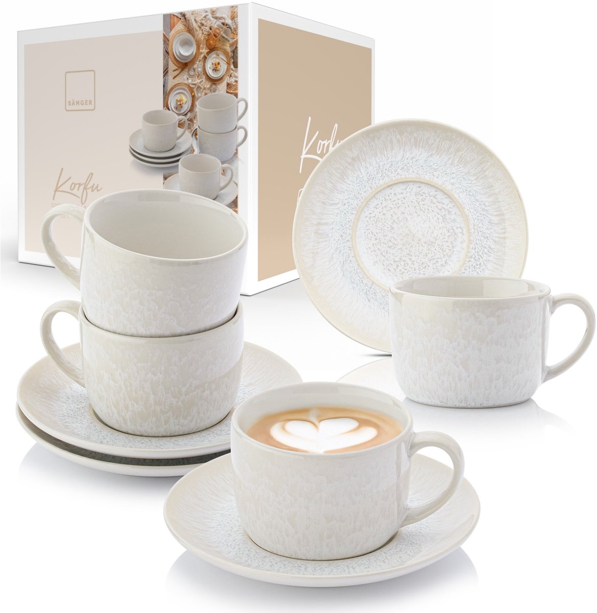 SÄNGER Koffiekopjes Set Korfu - 8-delig - Aardewerk - Crèmekleurig - 230 ml - Magnetron- en Vaatwasserbestendig