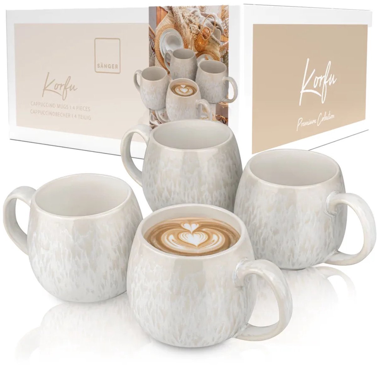 SÄNGER Korfu Koffiemokken - Set 4-delig – Handgemaakte Steengoed Koffiebekers – Crèmekleurig met Zandstructuur – 80 ml – Vaatwasser- & Magnetron bestendig