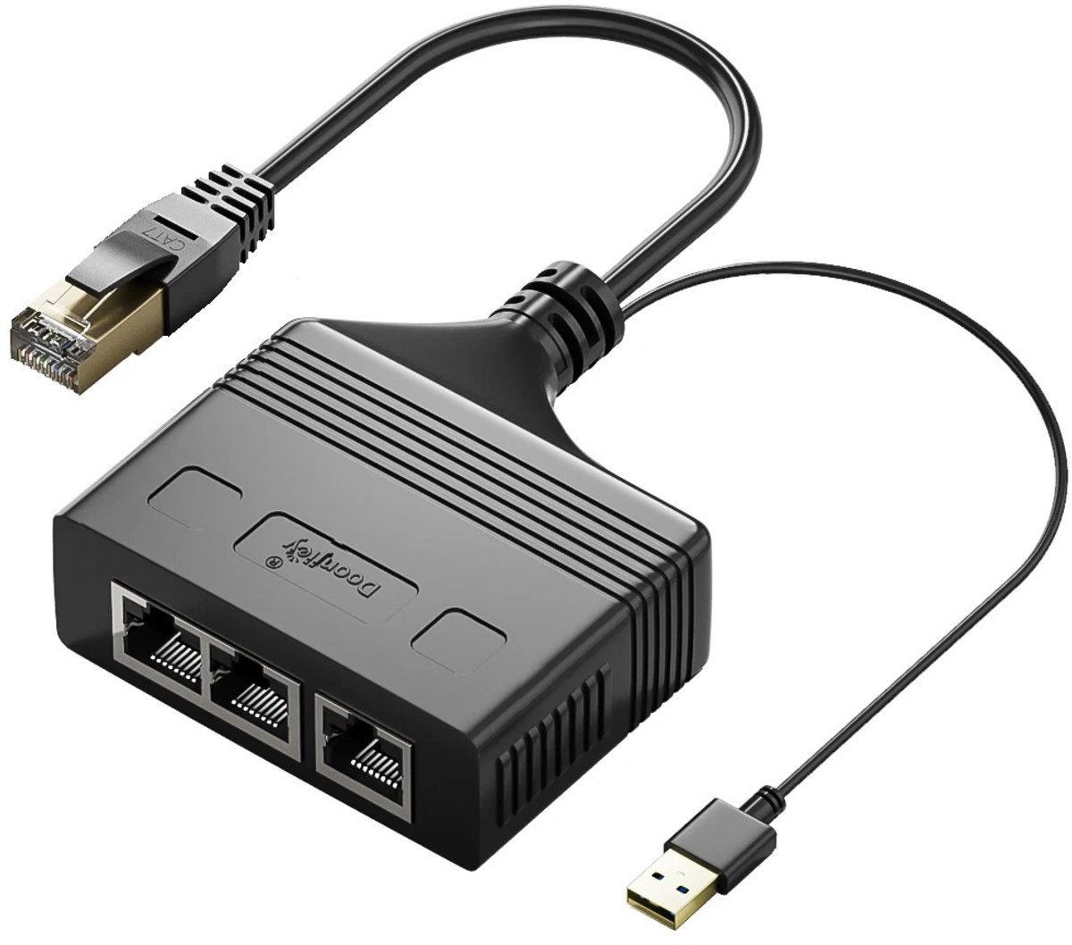 DrPhone NetPort RJ45 Ethernet Splitter 1 naar 3 – Netwerk Splitter Adapter met USB Voeding + RJ45 Mannelijk – 100 Mbps LAN Verdeler – Ethernet Poort Uitbreiding – Zwart
