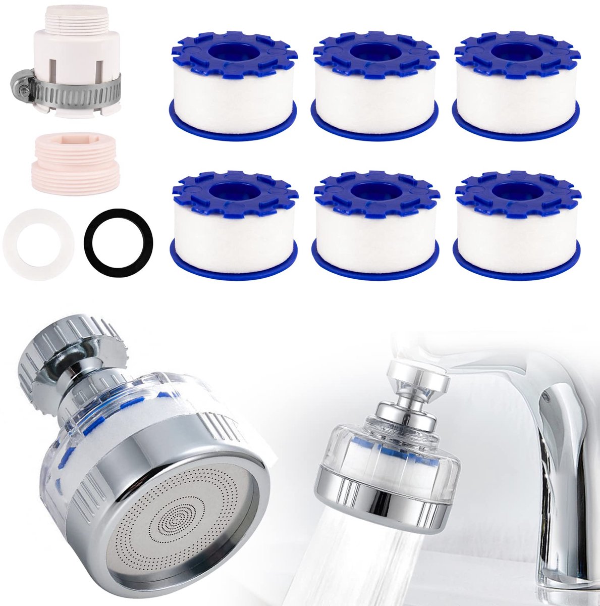 longziming -Kraanwaterfilter - Tapwaterzuiveraar - Waterfilter Systeem - Transparant Venster - ABS En PP-Katoen - Universele Adapter - Voorkomt Spatten En Bespaart Water - 7 Stuks