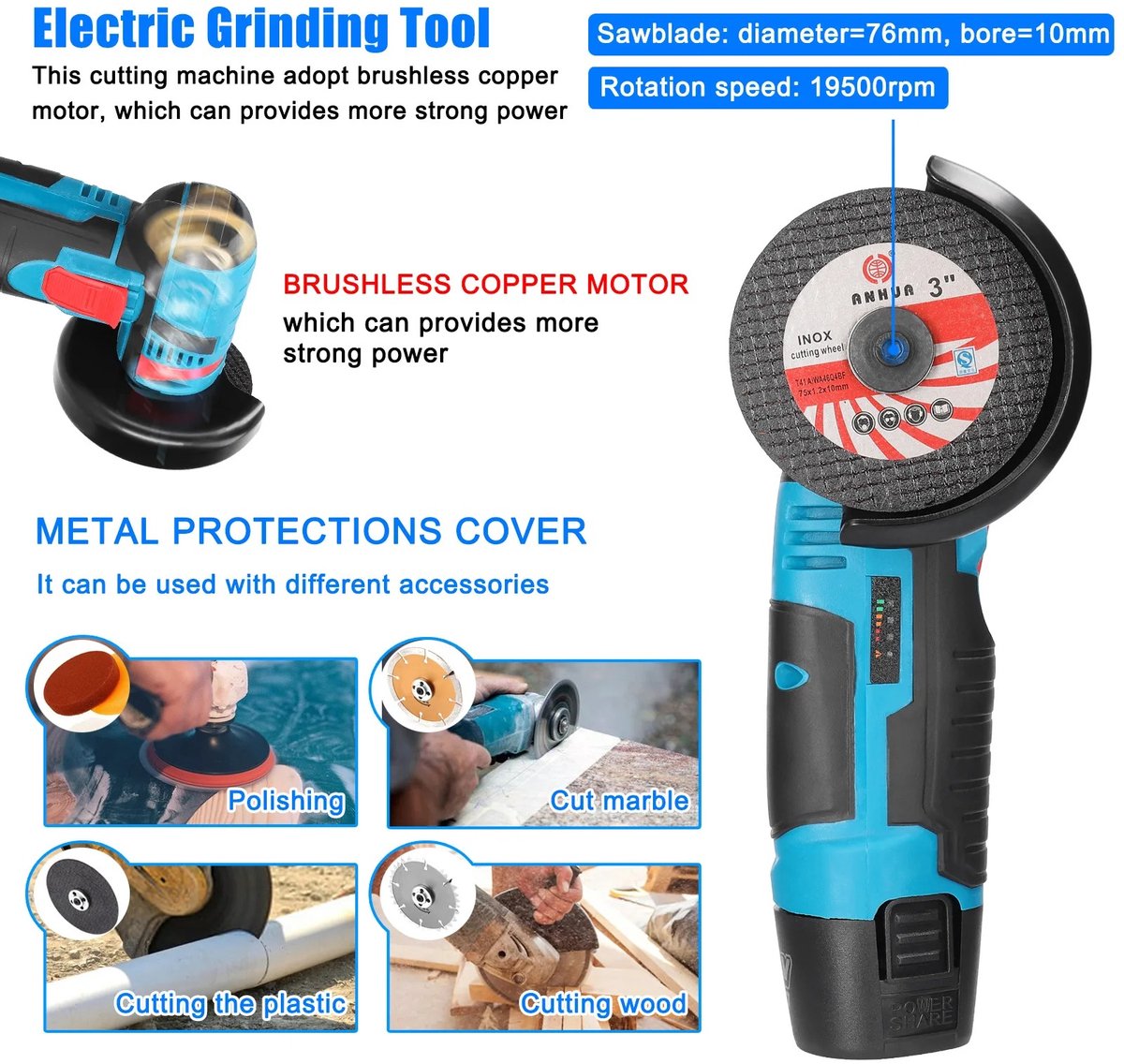 AURORAS- Draadloze Haakse Slijper 12V – 19500 RPM Mini Grinder – Accu Slijpmachine voor Metaal, Tegels & Snijden – foto 5