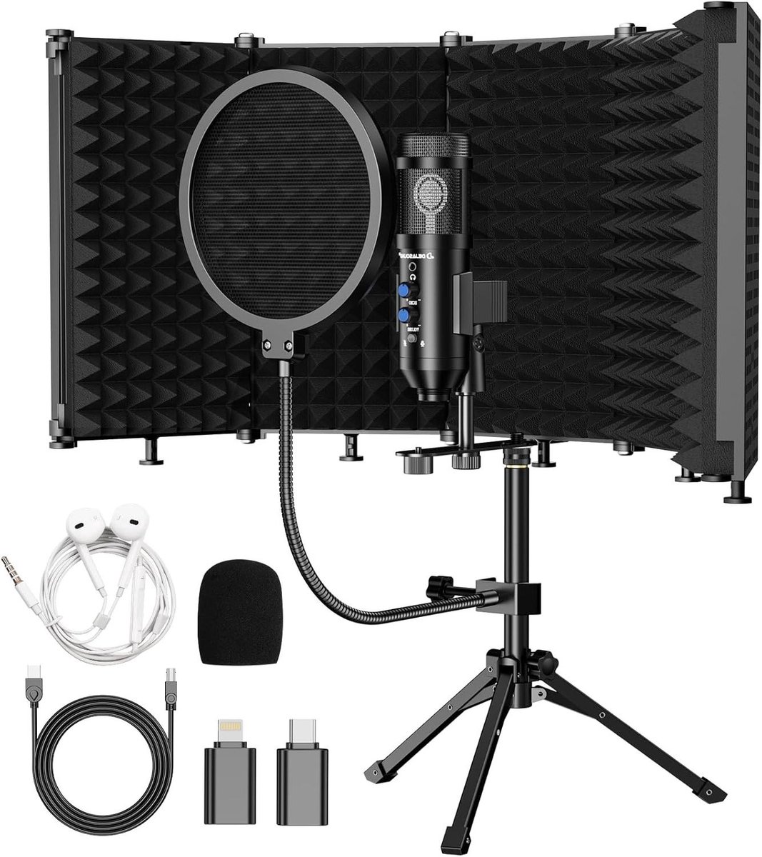 Studio Opnamemicrofoon - Condensatormicrofoon Podcast - Muziek Zingen Opnemen - Met Isolatieschild Popfilter - 16kHz Bemonsteringssnelheid - Zwart