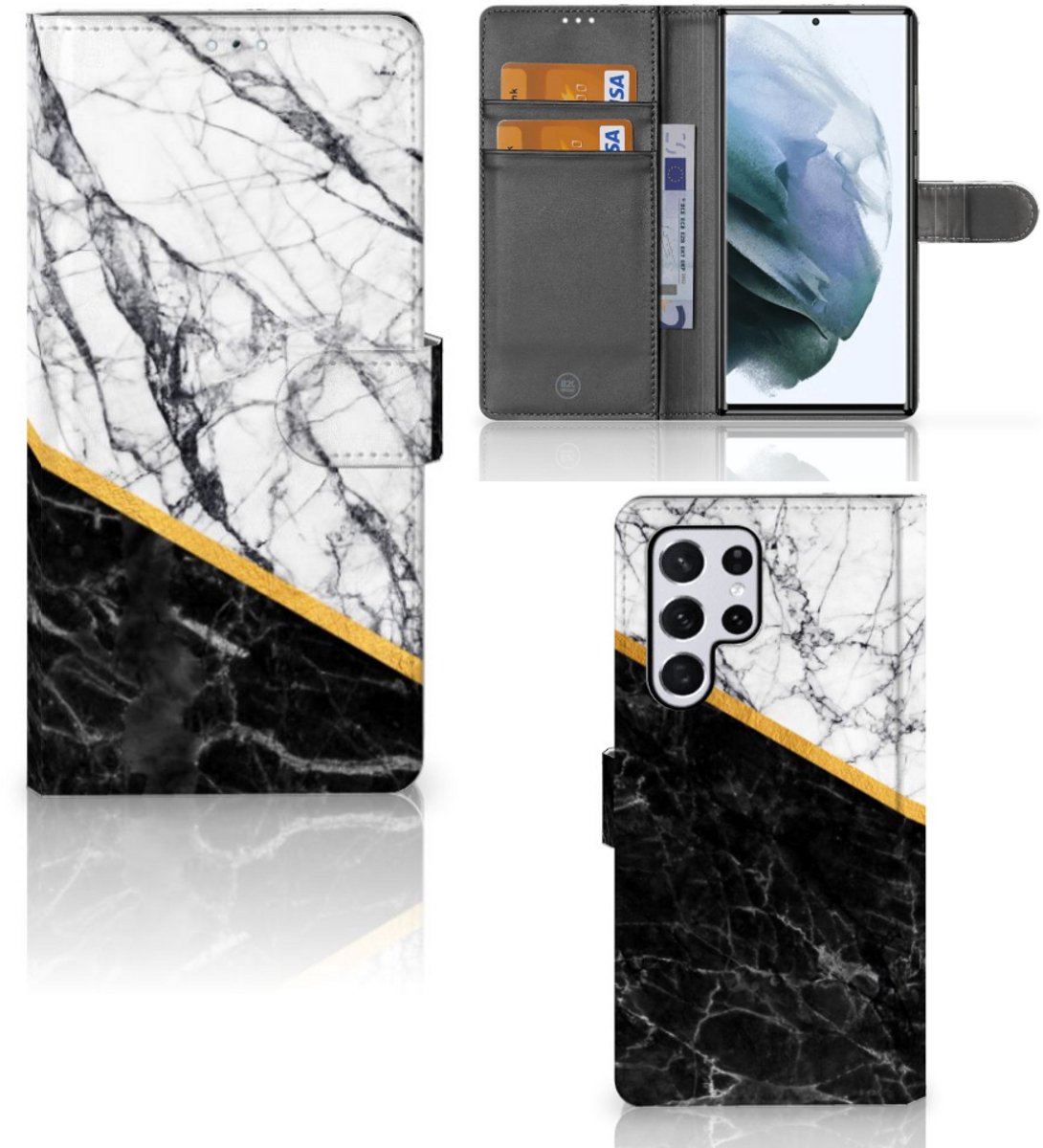 Samsung Galaxy S22 Ultra Bookcase Marmer Wit Zwart - Origineel Cadeau Man