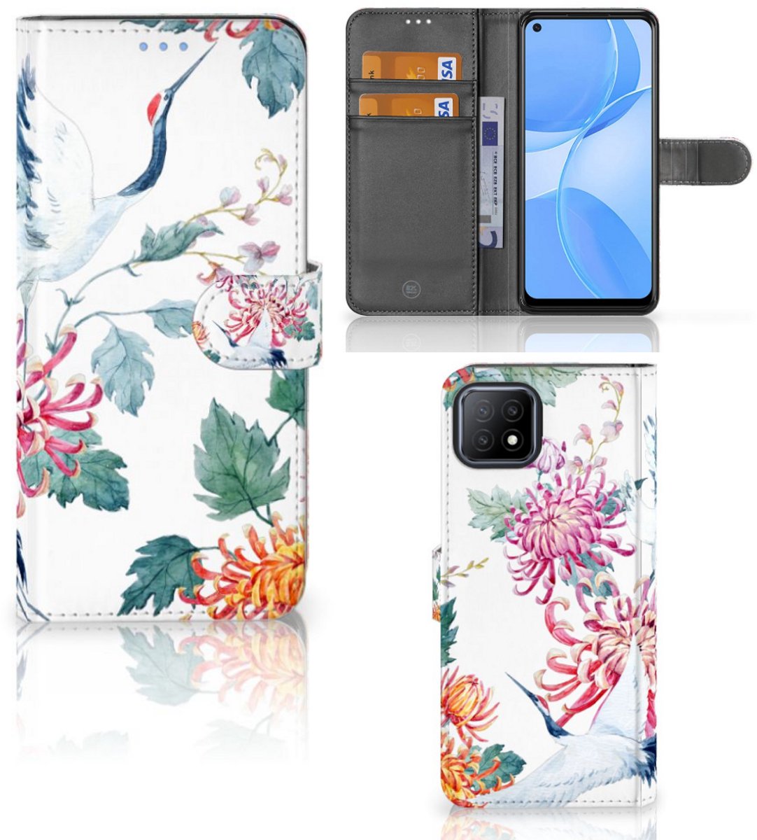 OPPO A73 5G Telefoonhoesje met Pasjes Bird Flowers