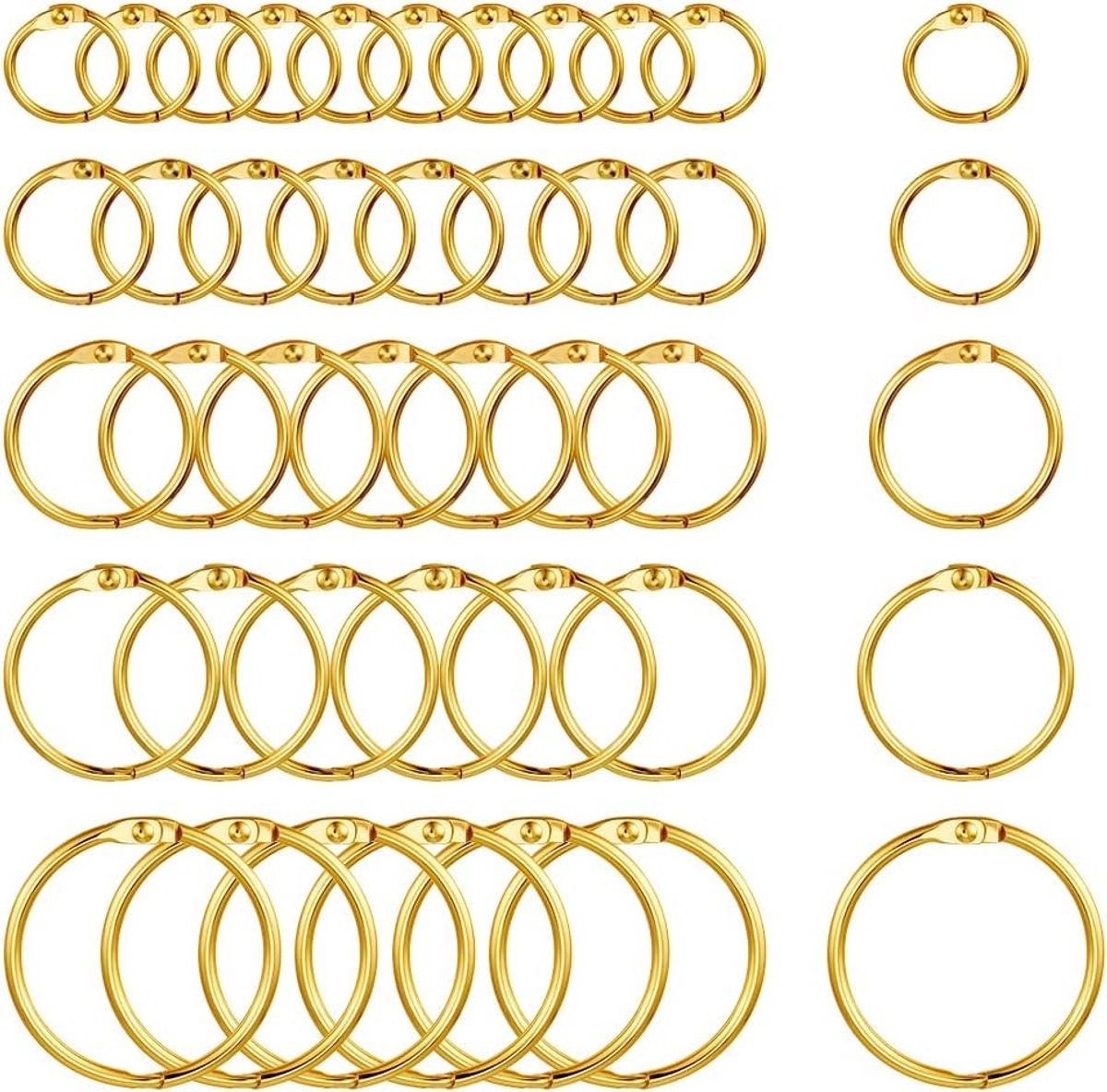 Image of 100 Stuks IJzeren Loose Leaf Boekbinders met Scharnier Ringen en Sleutelhangers, Gouden Kleur, Diverse Maten voor Creatieve Projecten en Organisatie