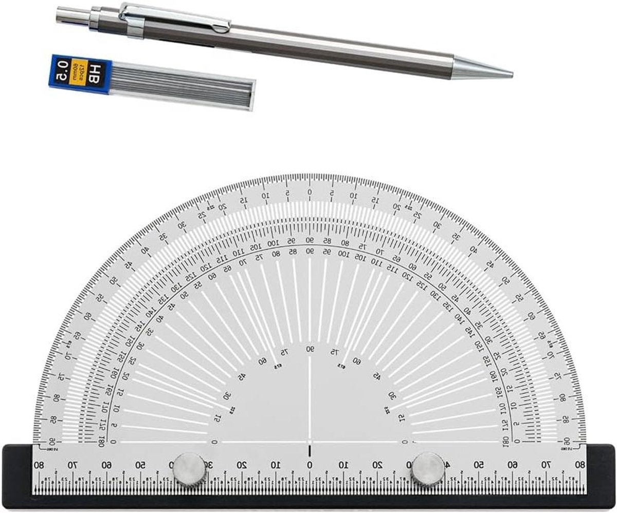 Precisiehoekliniaal - Aftekenliniaal Hoekmeter - Precisie Aftekenen - Afneembare Dwarsaanslag - Schaal 0.5 Graden - Aluminium