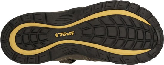 Zool van bruine Teva sandalen met "Teva" logo en geel accent.