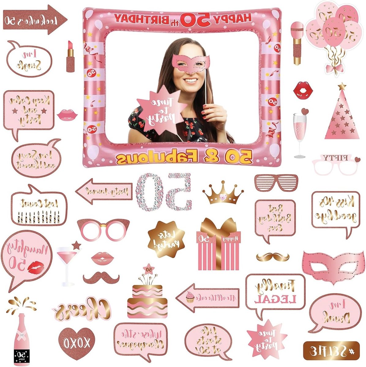 Feestelijke Versiering voor 50e Verjaardag met Roze Gouden Opblaasbaar Fotolijstje en 40 Foto Props voor een Unieke Fotobooth Ervaring