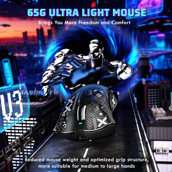 MAMBASNAKE X ATTACKSHARK V3 Wireless Gaming Mouse with Tape, 65g Lightweight Right Hand Split Design, 800-25000DPI Adjustable, 1000Hz, PAW3311 Sensor, BK52820 MCU, 2.4G/BT/Wired, 500mAh — afbeelding 2