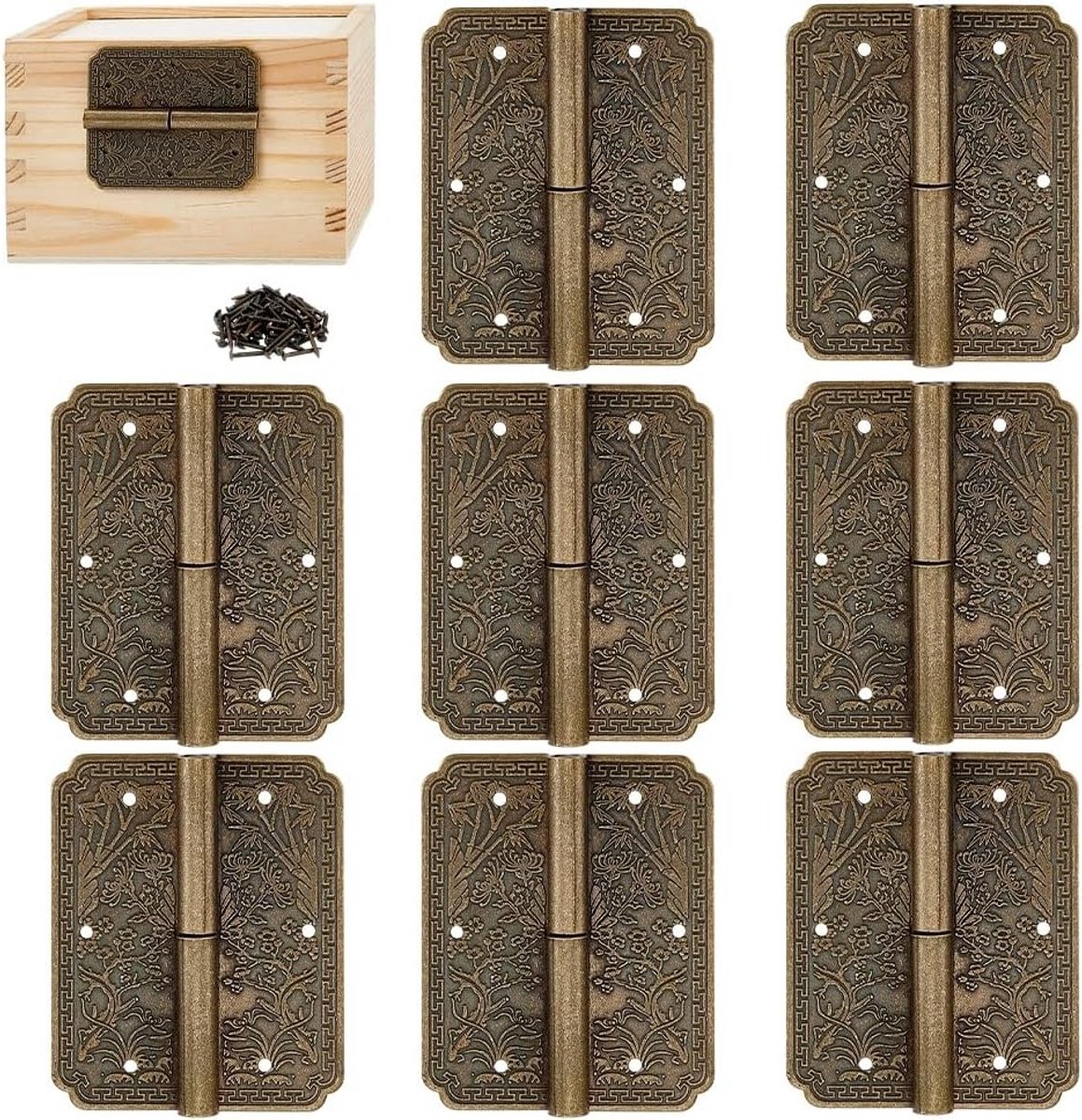 Antieke messing ringen voor sieradenboxen - 8 stuks rechthoekige scharnieren voor houten kistjes en restauratie accessoires