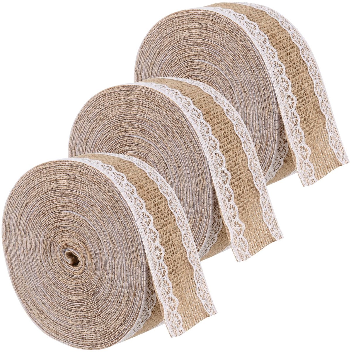 3 Rollen Jute Ribbon met Kant 5cm x 10m | Vintage Jute Versiering voor Trouwen en Knutselen