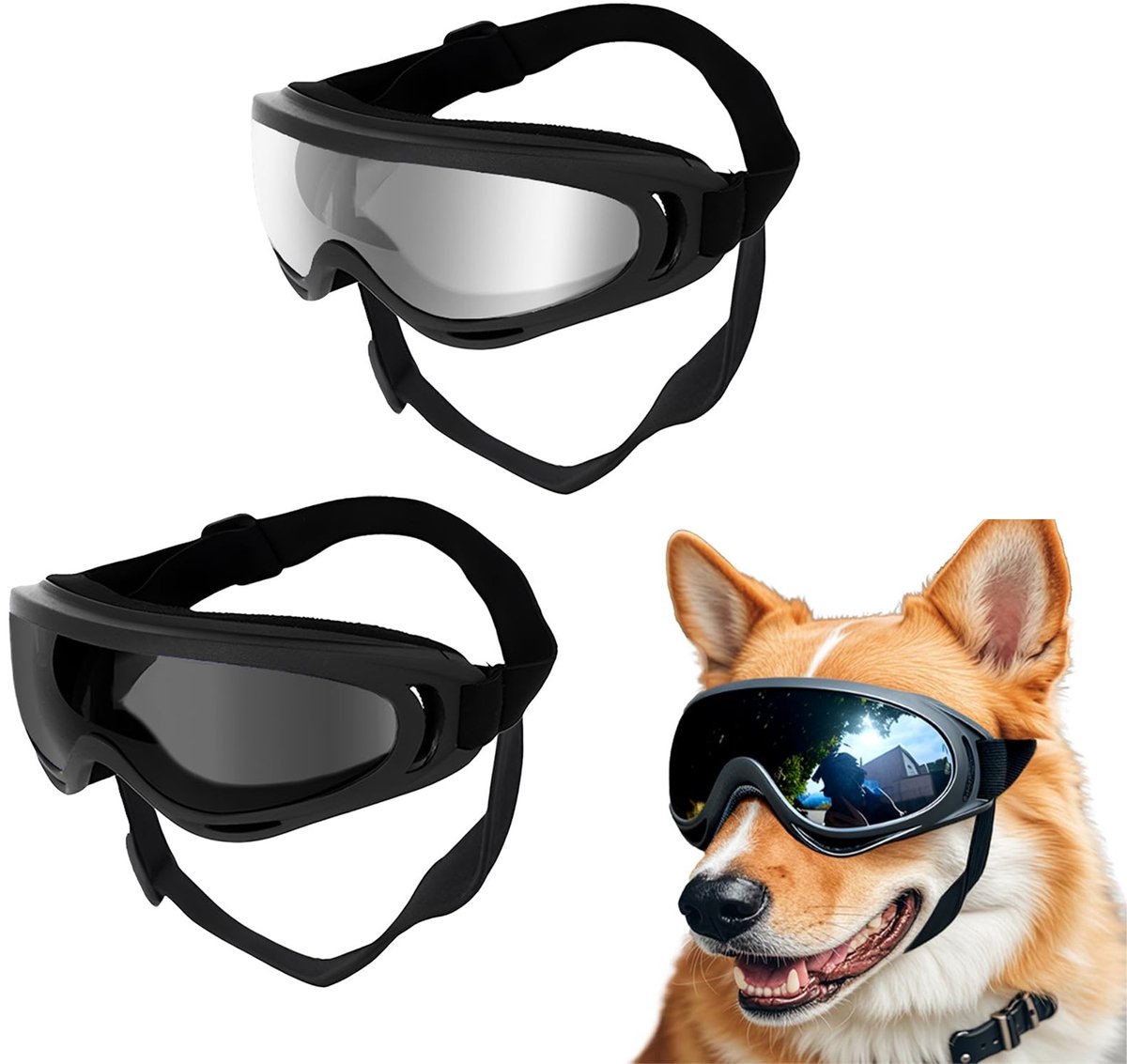 Cosensi - Dog Goggles - UV Bescherming - Onbreekbaar en Fog-Free - Zwart, Zilver - Winddicht - Geschikt voor Medium en Grote Honden