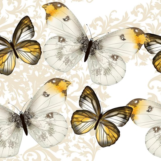 Papier peint avec un fond beige et un motif ornemental, présentant des papillons blancs aux accents dorés.