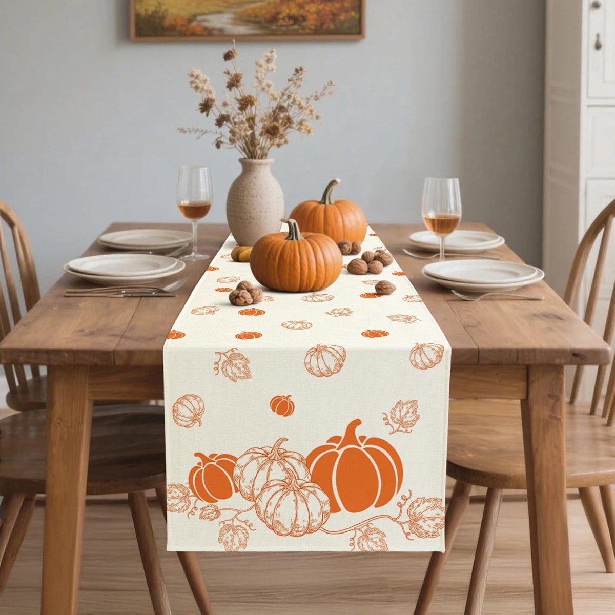 Tafelrunner Herfst - Tafelkleed Linnen - Eettafel Decoratie - Pompoen Design - 40x240 cm - Beige