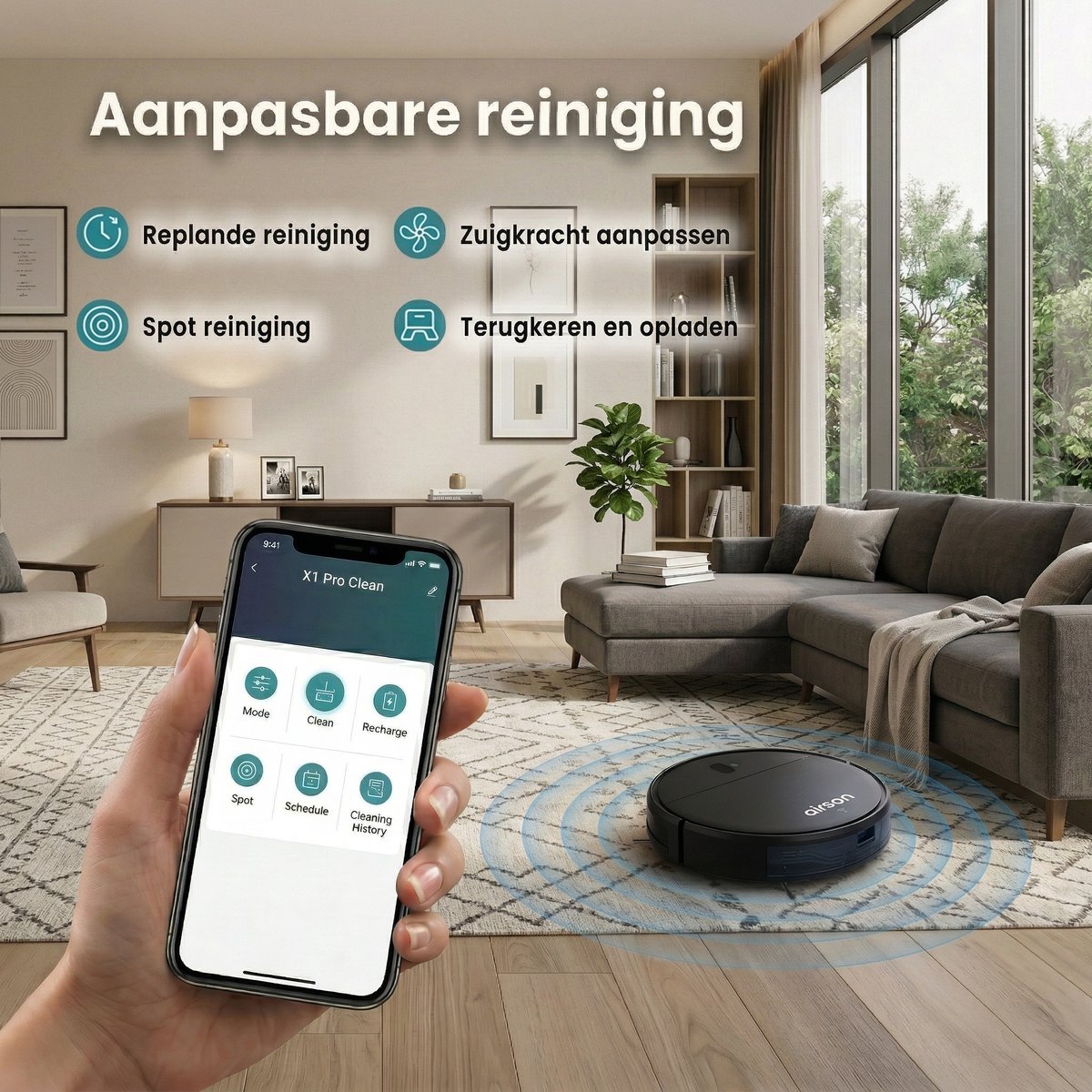 Robotstofzuiger met Dweilfunctie en Laadstation - Airson Pro Clean - Dweilrobot met App & Afstandsbediening - Geschikt voor Huisdieren en Tapijt — afbeelding 5