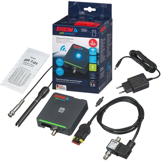 EHEIM pHcontrol+e set: pH-controller, elektrode, magneetventiel, voedingsadapter, kalibratievloeistof en kabels.