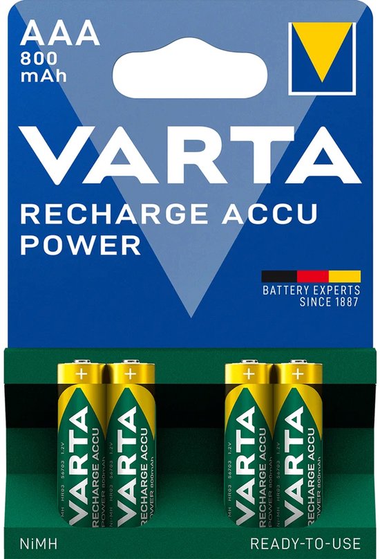 Verpakking van twee VARTA AAA oplaadbare batterijen, geel met groen, 800mAh