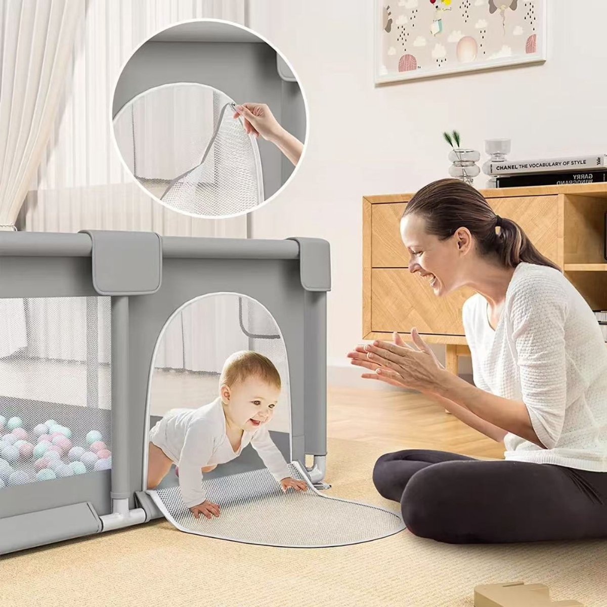 Livista Grondbox - Speelbox - Baby boxen - Kruipbox voor Baby - Playpen - Kinderbox - Met 4 trekring + 60 speelballen - 120 x 180 x 65cm - Grijs – foto 4