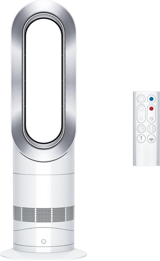 Ventilateur tour blanc avec bordure argentée et télécommande blanche.