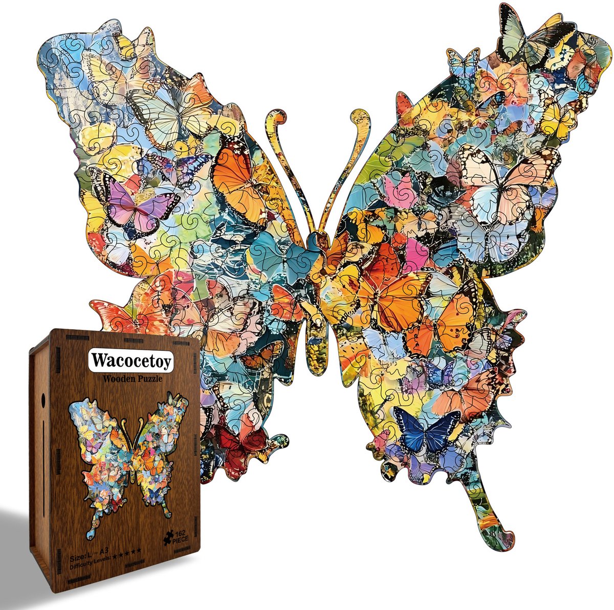 Kraftverdia Houten Puzzel voor Volwassenen 162 Stukjes – Vlinder – Unieke Vorm Puzzel