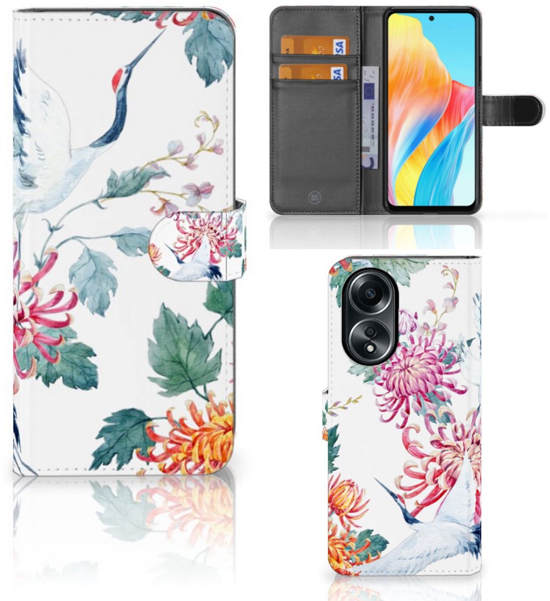 OPPO A58 4G Telefoonhoesje met Pasjes Bird Flowers