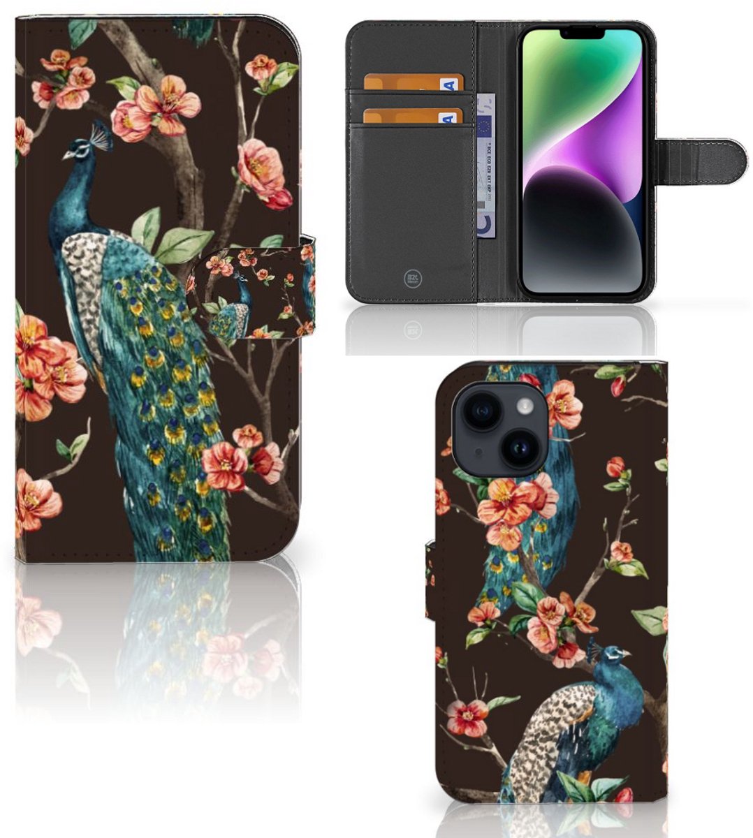 iPhone 15 Telefoonhoesje met Pasjes Pauw met Bloemen