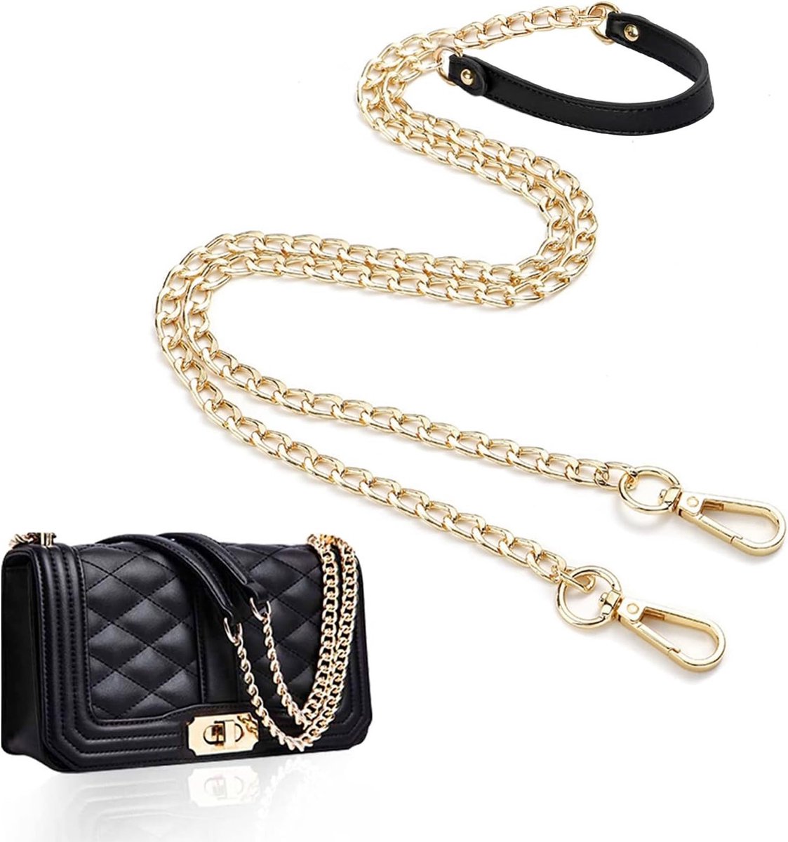 PU Leren Handtasriem met Ketting - Zwart, Geschikt voor Portemonnees en DIY Projecten, Lange Handtasriem met Gouden Accenten