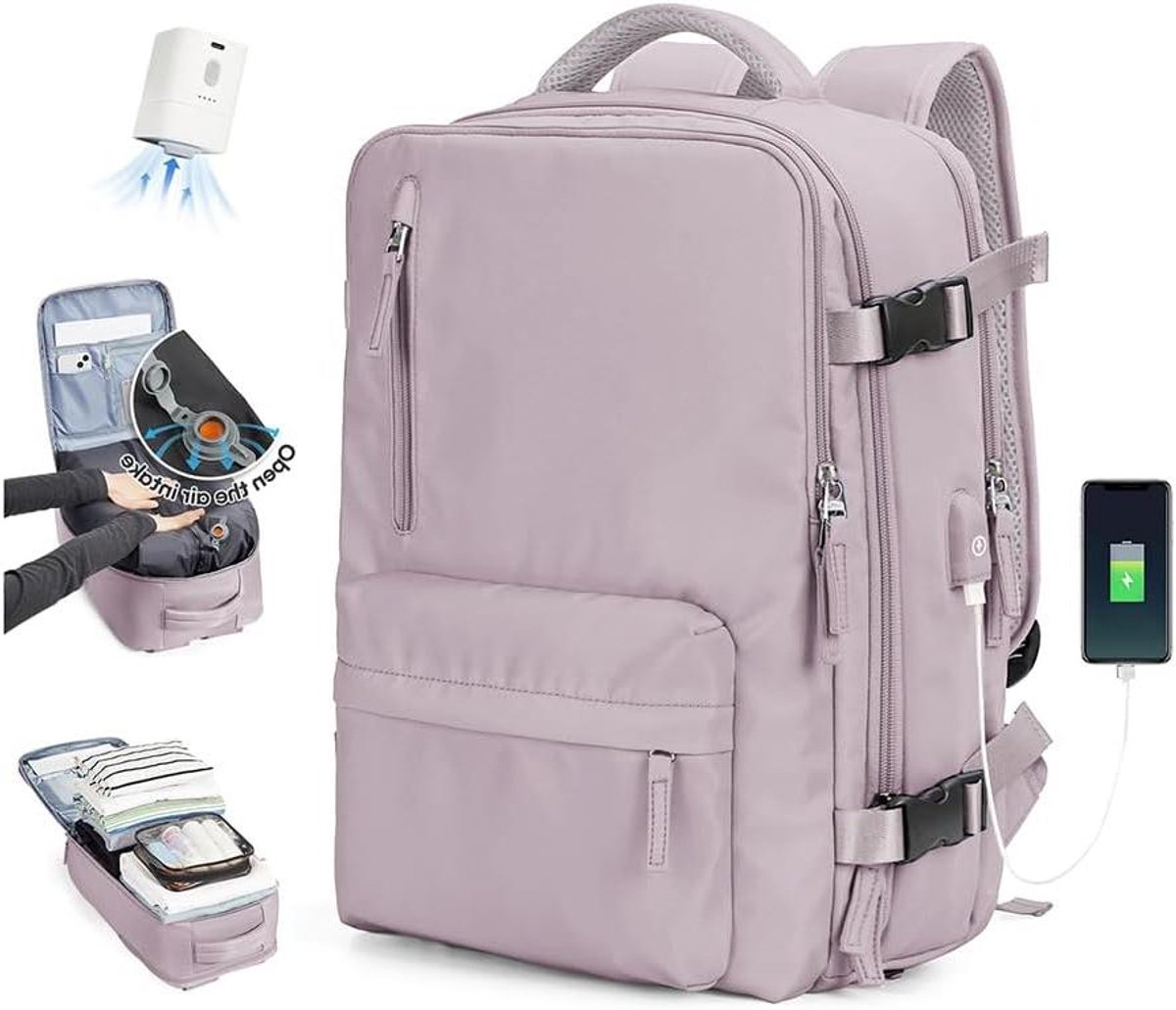 Vacuüm Reisrugzak - Compressie Rugzak - Meer Bagage Ruimte - Ingebouwde Vacuümpomp - 47x33x20 cm - Paars Roze