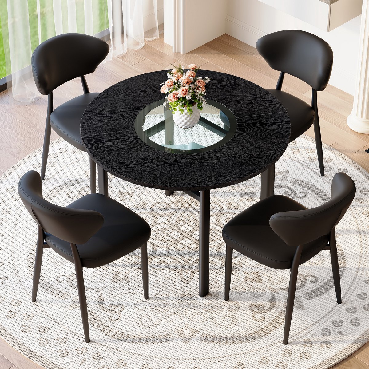 STILVORA Eethoek Set 100 Cm - Ronde Tafel Met 4 Stoelen En Glazen Inzet - Voor Eetkamer En Woonkamer - Zwart