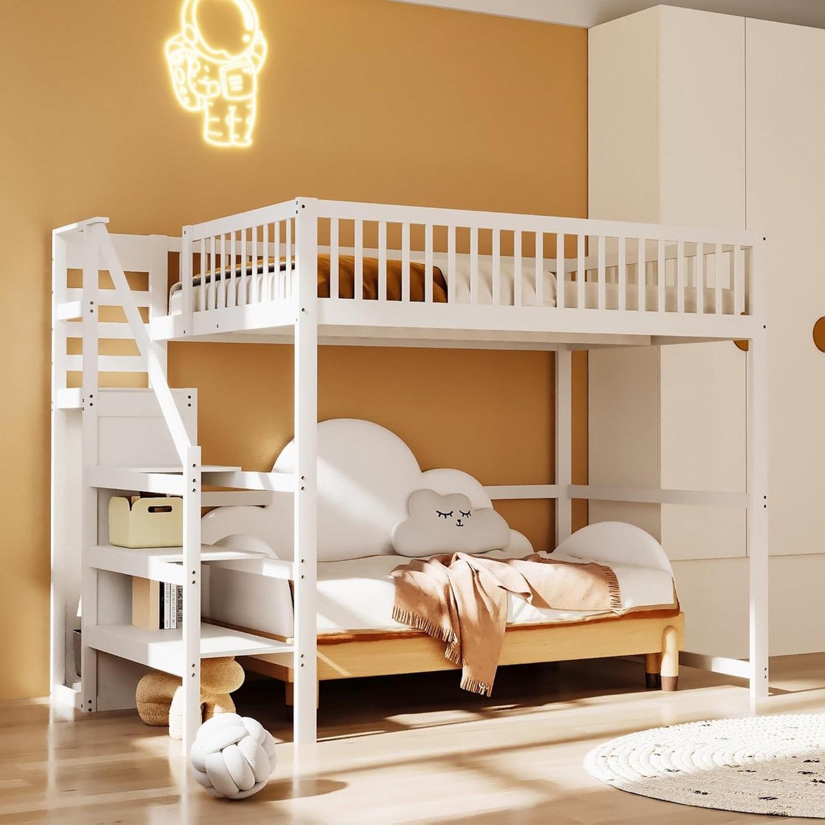 Hoogslaper 140x200 met trap, wit houten kinderbed met opbergplank, eenvoudige kledingkast